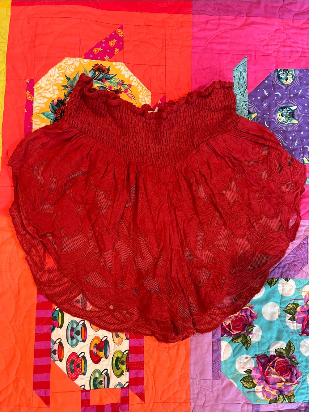 FREE PEOPLE Brown Clay Burnt Orange Mesh LACE Smocked Waist skirty SHORTS SZ S